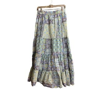 Primark Womens Blue Yellow Tile Print Tiered Maxi Skirt Boho Elastic Waist Sz 10